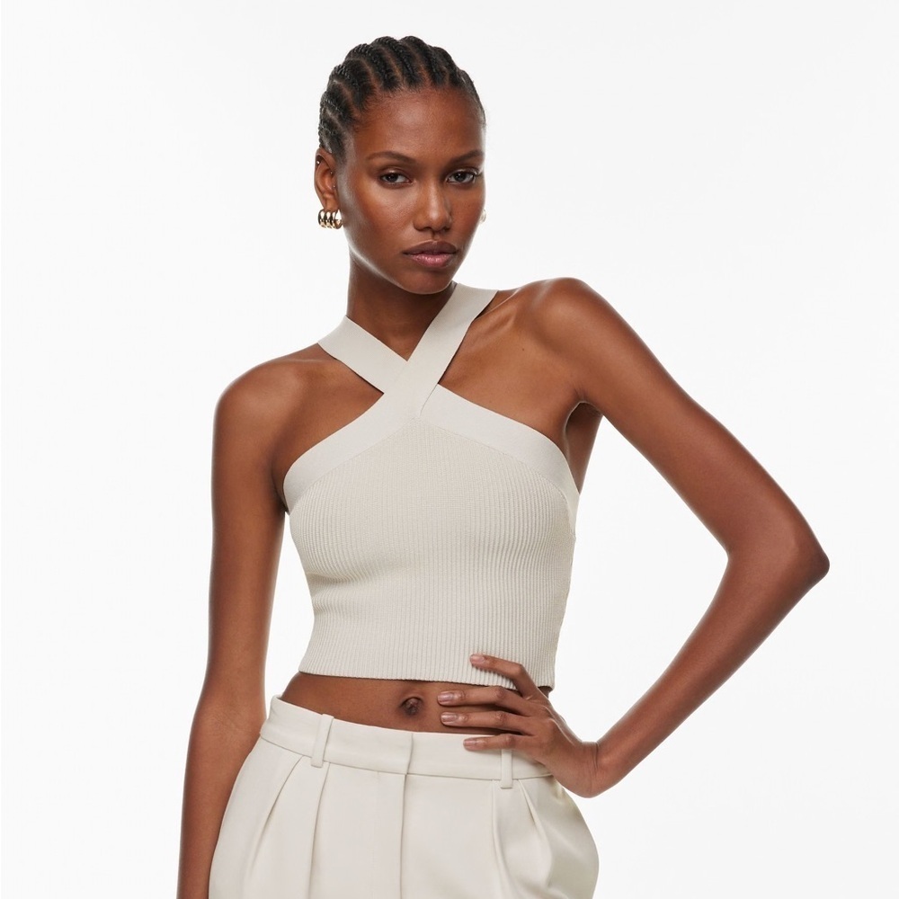 Aritzia Babaton Sculpt Knit Criss Cross Cropped Tank in Ecru Sz Small